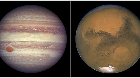 This combination image, created from two photos provided by NASA, shows Jupiter pictured on April 3, 2017, left, and Mars pictured on Aug. 26, 2003, right.