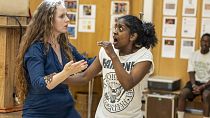 Nadia Nadarajah as Cleopatra and Zoë McWhinney in rehearsal for Antony and Cleopatra.