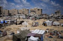 Palestinians displaced by the Israeli air and ground offensive on the Gaza Strip flee from Hamad City, following an evacuation order by the Israeli army. 11 August 2024.