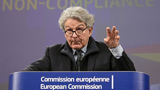 European Commissioner for Internal Market Thierry Breton addresses a media conference regarding the Digital Markets Act at EU headquarters in Brussels, Monday, March 25, 2024.