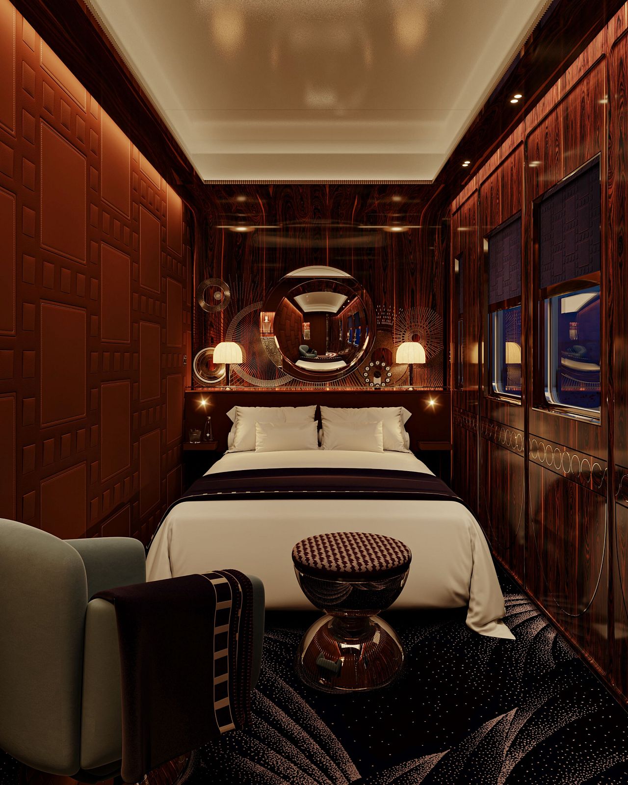 Orient Express says: "To counter the strict lines and designs of the train, Maxime d’Angeac introduced the circular shape to add softness and balance."