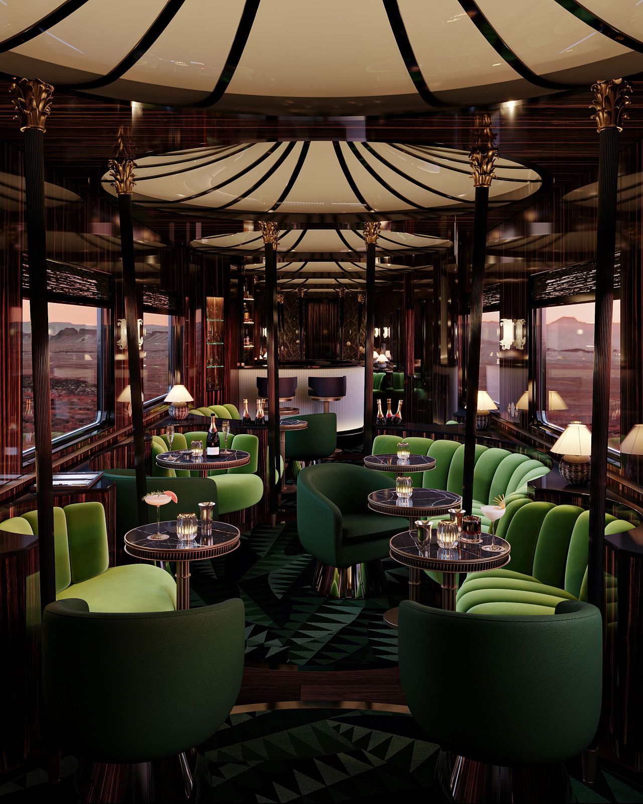 The bar car, featuring Second Empire–style glass domes supported by bronze columns, and a 