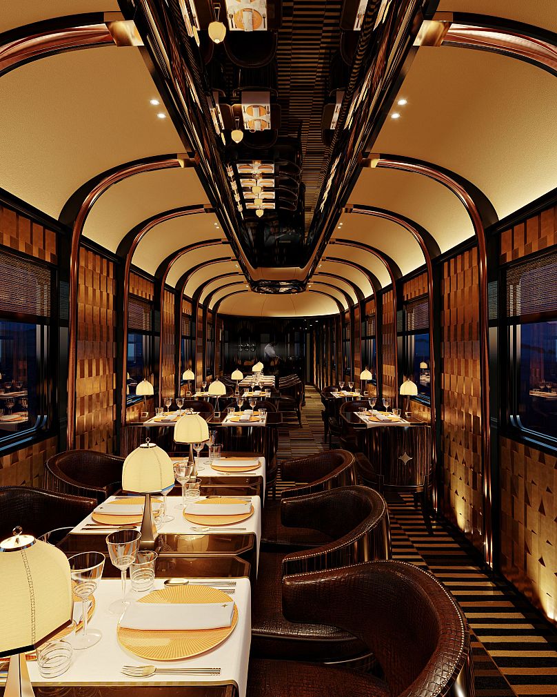 The dining car, with decor motifs paying homage to 20th-century illustrator Suzanne Lalique's tapestries.