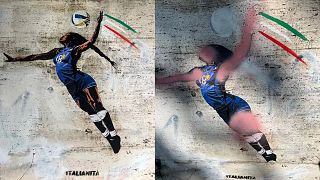 Pintura da jogadora de voleibol da seleção italiana Paola Egonu feita pela artista de rua Laika. 