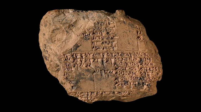 Clay cuneiform tablet with lunar eclipse table for 609-447 BC