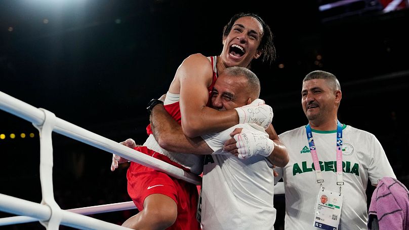 Algeria's Imane Khelif celebrates after defeating China's Yang Liu to win gold in their women's 66 kg final boxing match at the 2024 Summer Olympics - Friday 9 August 2024