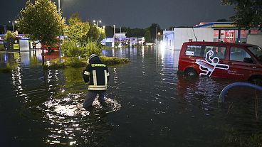 Rain flooded a service station in Aurich, Germany. Rain flooded a service station in Aurich, Germany.