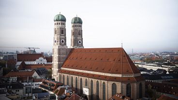 Arial view on the Frauenkirche, 'Cathedral of Our Dear Lady, oatthe German federal state Bavaria capital Munich, Germany, Saturday, Nov. 12, 2022. (AP Photo/Markus Schreiber)