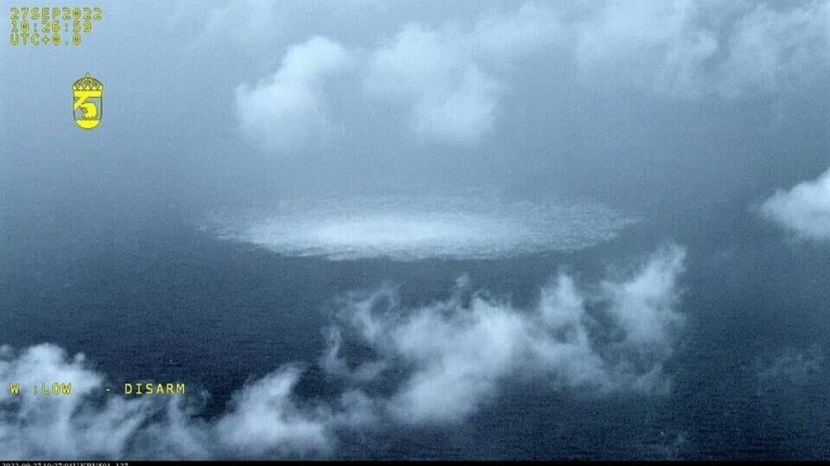 The gas leak in the Baltic Sea from Nord Stream photographed from the Coast Guard's aircraft on Wednesday, Sept. 27, 2022.