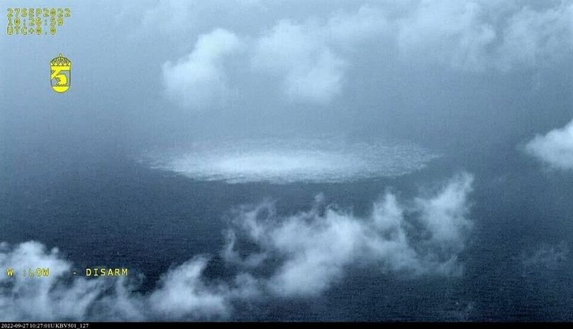 In this picture provided by Swedish Coast Guard the gas leak in the Baltic Sea from Nord Stream photographed from the Coast Guard's aircraft, 27 September, 2022