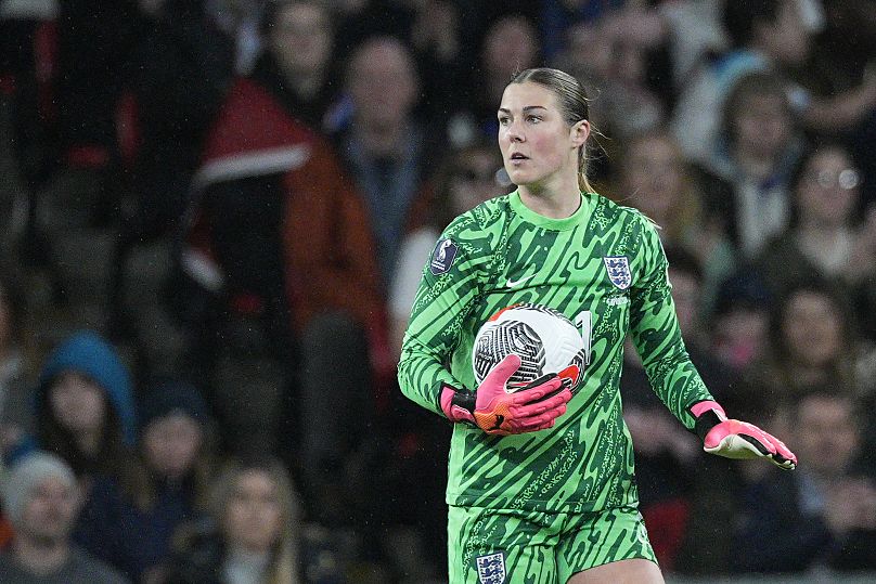 England's goalkeeper Mary Earps gestures during the Euro 2025 group A3 qualifying soccer match between England and Sweden,  5 April 2024.