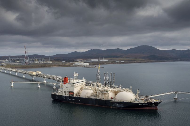 The tanker Sun Arrows loads its cargo of liquefied natural gas from the Sakhalin-2 project in the port of Prigorodnoye, Russia, on Friday, Oct. 29, 2021.