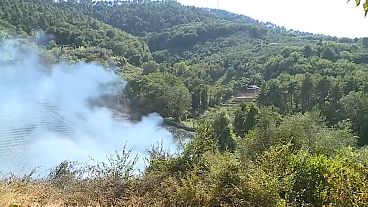 Des hélicoptères luttent contre les flammes dans une zone résidentielle des collines de Versilia, dans la région italienne de Toscane Des hélicoptères luttent contre les flammes dans une zone résidentielle des collines de Versilia, dans la région italienne de Toscane