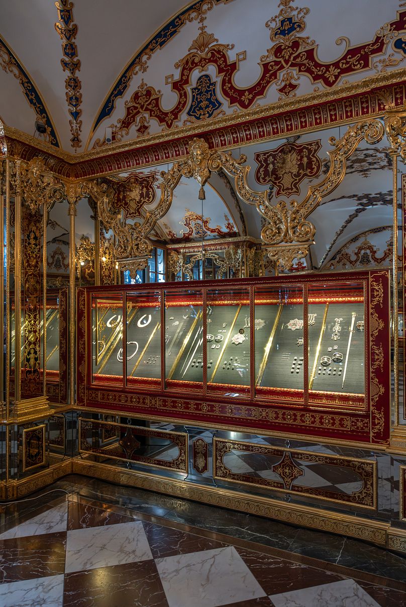 The recovered jewels are on show in their original spots.