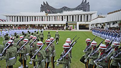  Soldiers march before the start of a ceremony marking Indonesia's 79th anniversary of the independence at the new presidential palace in its future capital city of Nusantara.