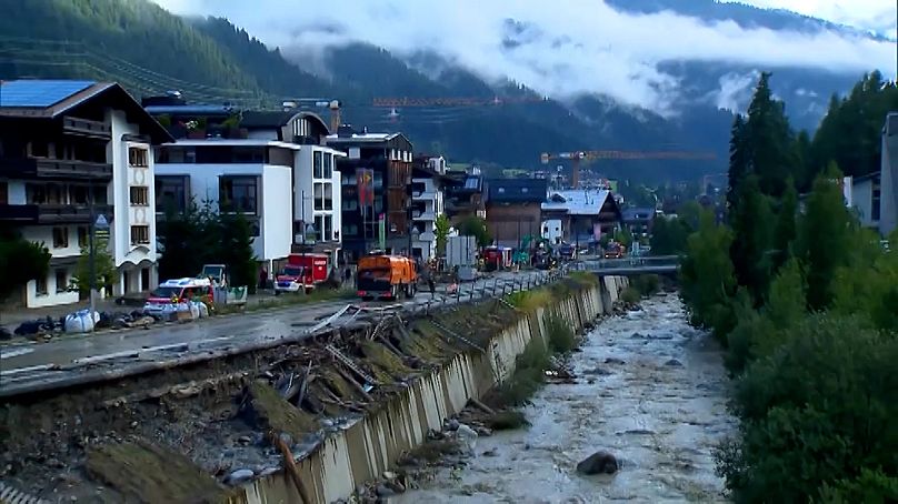 Clean-up work after heavy thunderstorm hit Sankt Anton, Austria.