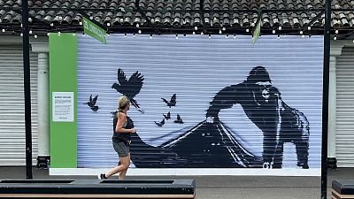 A runner passes a reproduction of a Banksy mural outside the London Zoo, Sunday, 18 August 2024.