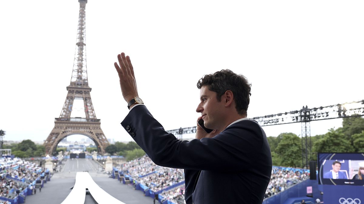 French Prime Minister Gabriel Attal gestures, in Paris, France, during the opening ceremony of the 2024 Summer Olympics. 26 July, 2024.