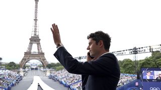 French Prime Minister Gabriel Attal gestures, in Paris, France, during the opening ceremony of the 2024 Summer Olympics. 26 July, 2024.