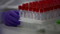 A lab technician moves a case of test tubes while conducting research on coronavirus, COVID-19, at Johnson & Johnson subsidiary Janssen Pharmaceutical in Belgium, June 2020.