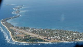 Funafuti, the main island of the nation state of Tuvalu, is photographed from a Royal New Zealand airforce C130 aircraft.