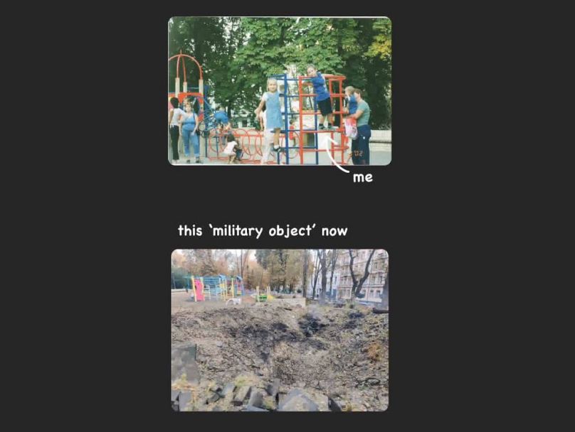 Nachdem eine russische Granate den Spielplatz in einem Park in Kiew getroffen hatte, postete Dima ein Foto von sich auf dem Spielplatz, als er noch ein Kind war.