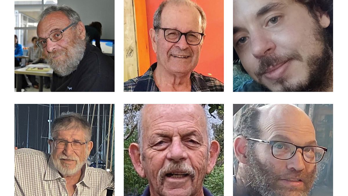 Alex Dancyg, Abraham Munder, Yagev Buchshtab, Yoram Metzger, Haim Peri et Nadav Popplewell (de g. à d. et de bas en haut), qui étaient retenus en otage par le Hamas à Gaza