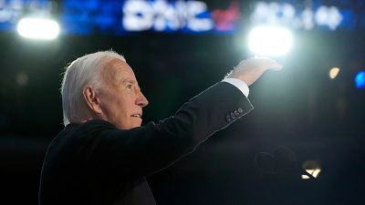 President Joe Biden speaks during the first day of the Democratic National Convention in Chicago.