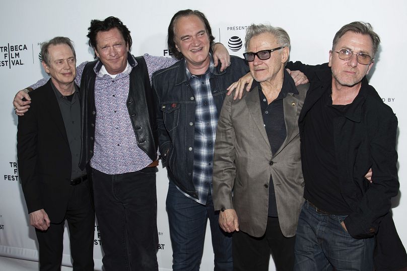 Steve Buscemi, Michael Madsen, Quentin Tarantino, Harvey Keitel e Tim Roth na comemoração dos 25 anos de "Cães Danados", em 2017.