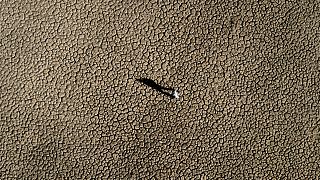 A man walks on the cracked ground of the Sau reservoir in Vilanova de Sau, about 100 km north of Barcelona, Spain, on 26 Jan 2024.