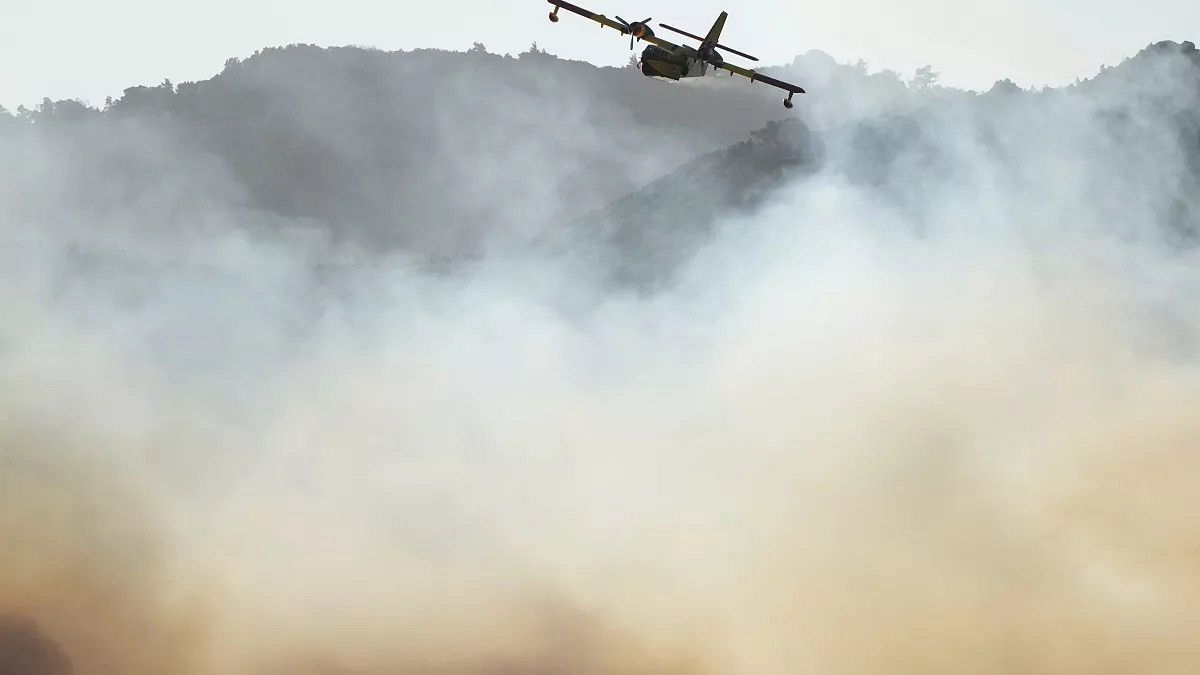 Löschflugzeug über einem Waldbrand.