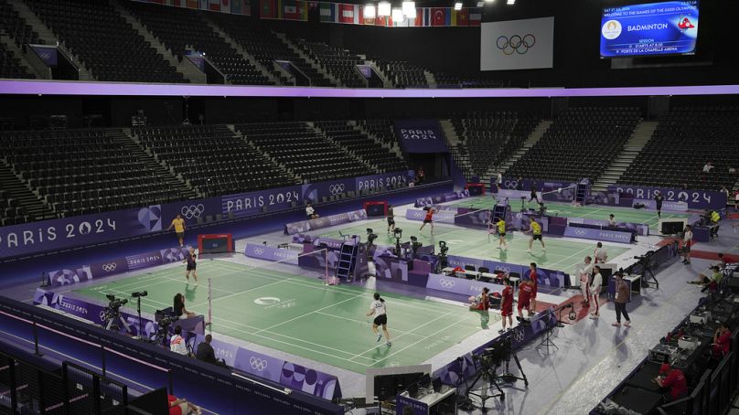 A general view of players practice in the Porte de La Chapelle Arena at the 2024 Summer Olympics, Wednesday, July 24, 2024, in Paris, France.