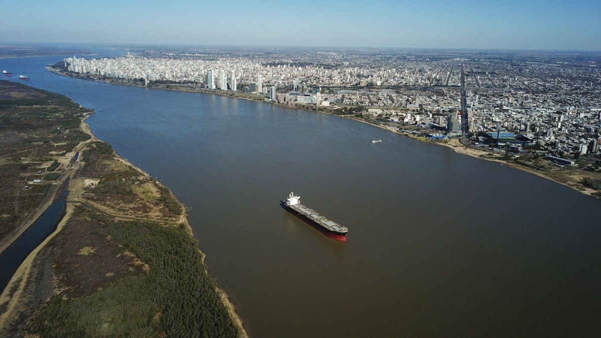 Bir tahıl gemisi Parana Nehri'nin ortasında demirlemiş durumda, 29 Temmuz 2024.