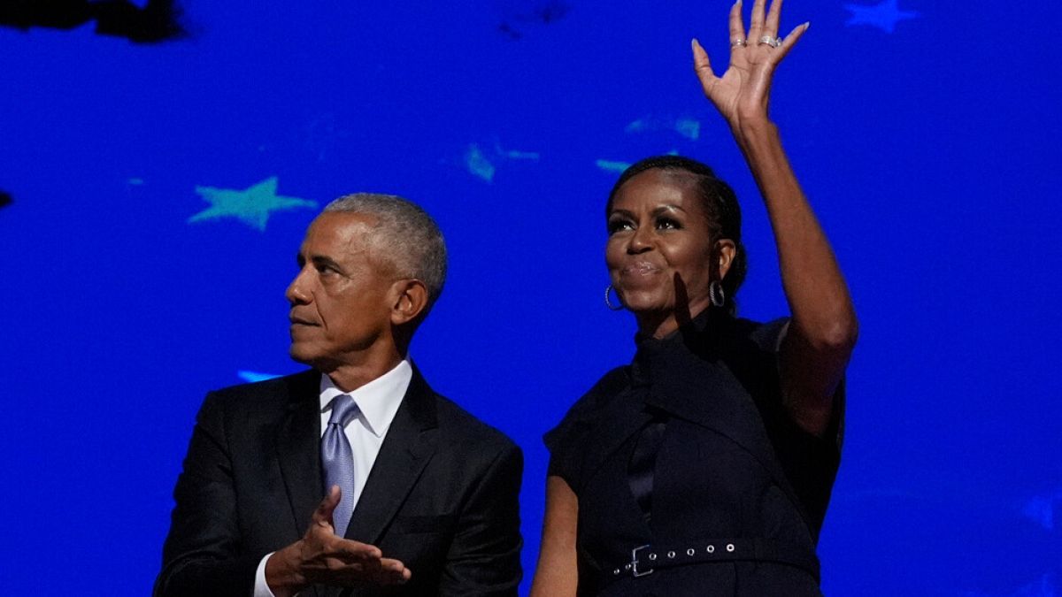 Former President Barack Obama and former first lady Michelle Obama at the Democratic National Convention in Chicago.