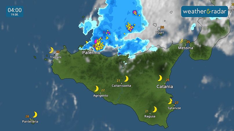 The blueish and purple colours show rainfall rates, the yellow dots show lightning strikes and the greyish/whitish areas show clouds.