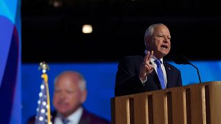 Democratic vice presidential candidate Minnesota Governor Tim Walz speaks at the Democratic National Convention in Chicago.