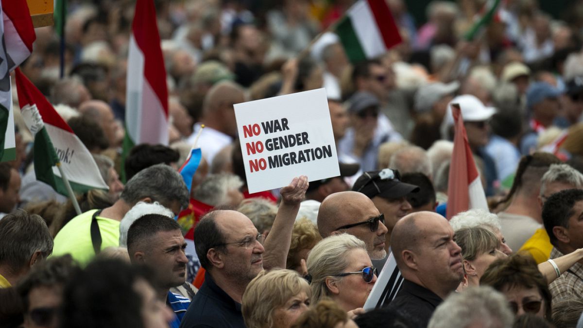 Des personnes tiennent une pancarte sur laquelle on peut lire « Pas de guerre, pas de sexe, pas de migration » lors d'une « marche pour la paix » à Budapest, 01.06.2024