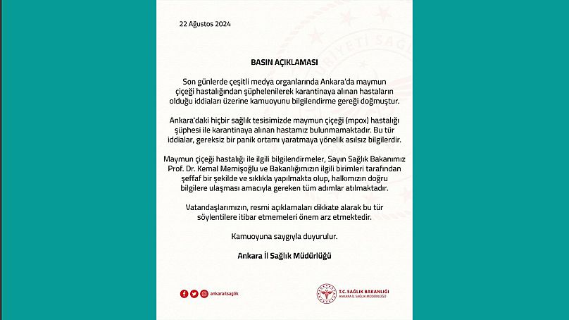 Ankara İl Sağlık Müdürlüğü maymun çiçeği virüsünden kaynaklı karantinaların olduğu iddialarını yalanladı.