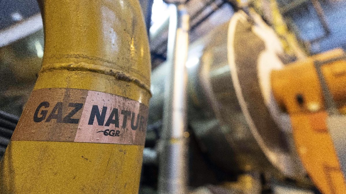 A sticker reads "natural gas" on a pipe at the French company R-CUA plant, in Strasbourg, eastern France, Oct. 7, 2022.