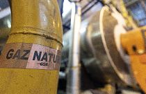 A sticker reads "natural gas" on a pipe at the French company R-CUA plant, in Strasbourg, eastern France, Oct. 7, 2022.