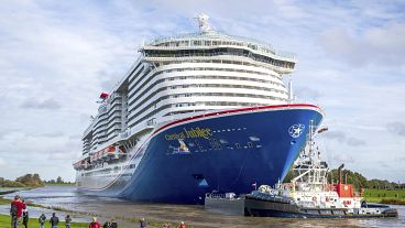 Cruise ship 'Carnival Jubilee' is transferred from the Papenburg-based Meyer Werft shipyard to the North Sea. Papenburg, Germany. 30 October 2023.