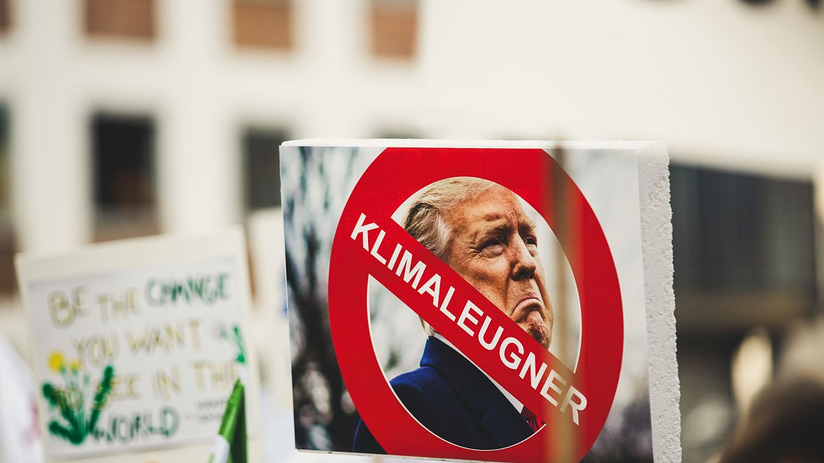 A sign with Donald Trump reading 'climate denier'. 