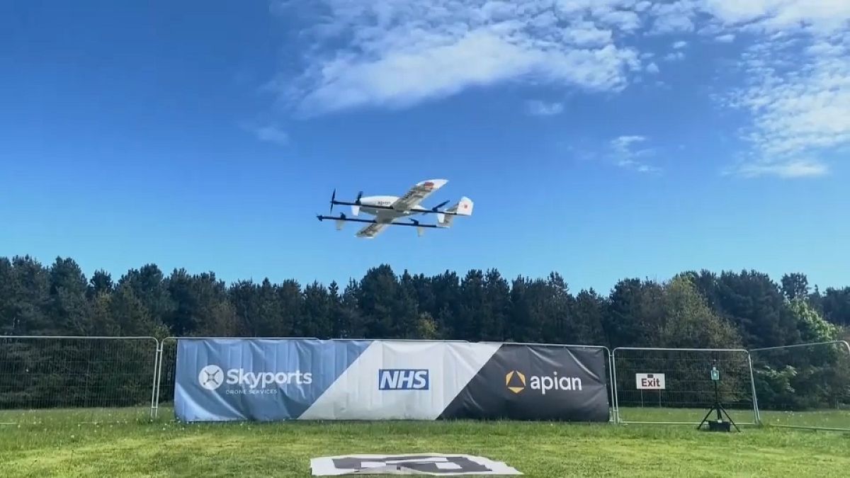 An Apian drone takes off from a field in Northumberland, August 21, 2024