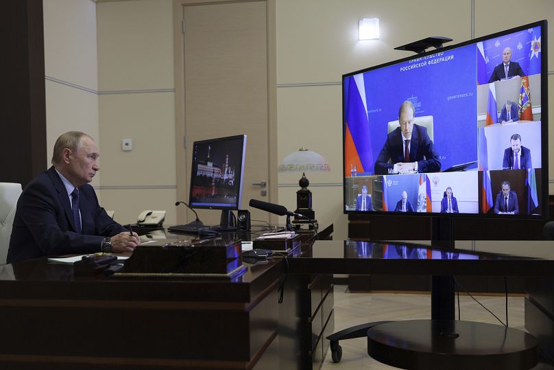 Russian President Vladimir Putin holds a meeting with governors about the situation in border areas at the Novo-Ogaryovo state residence outside Moscow, August 22, 2024