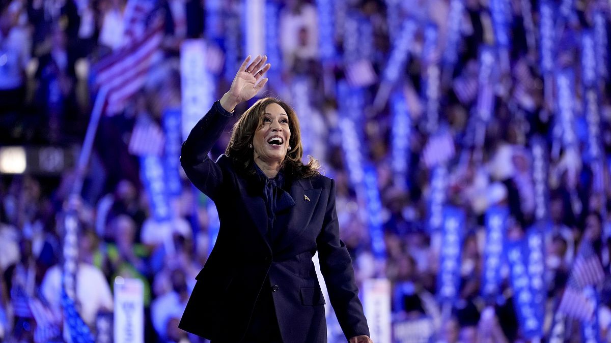 Kamala Harris on stage on the last day of the DNC in Chicago, August 22, 2024