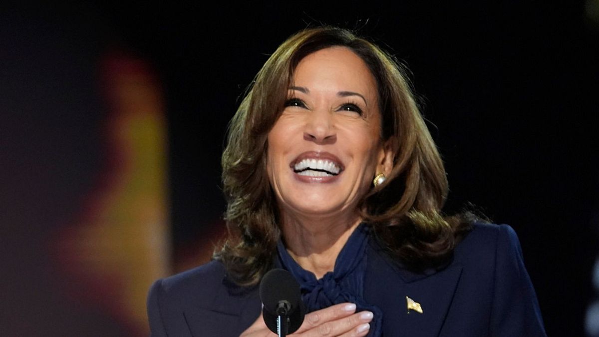 Democratic presidential nominee Vice President Kamala Harris speaks during the Democratic National Convention Thursday, Aug. 22, 2024, in Chicago.