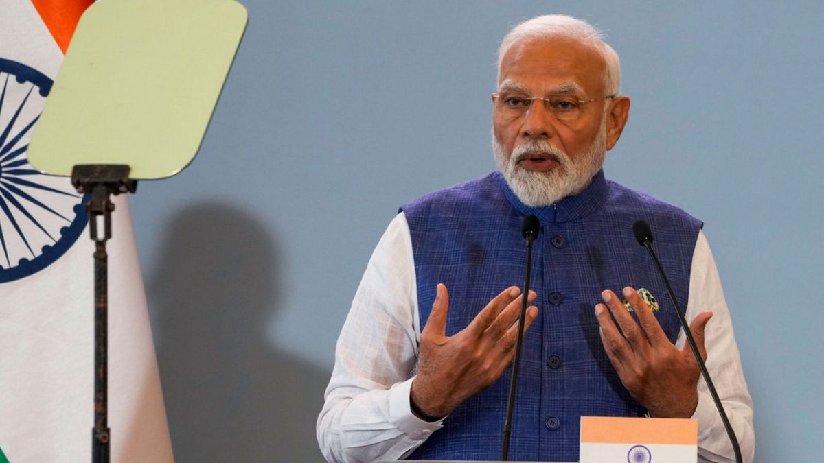 Indian Prime Minister Narendra Modi, along with his his Polish counterpart, Donald Tusk, not in picture, delivers statements to the media following talks in Warsaw, Poland