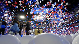 Democratic presidential nominee Kamala Harris on stage as balloons drop on the final night of the Democratic National Convention