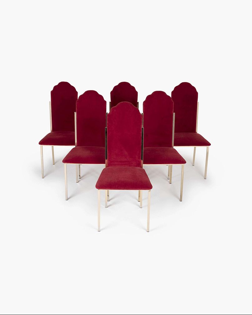 Set of Six Dining Chairs for Maison Jansen in Red Velvet Upholstery