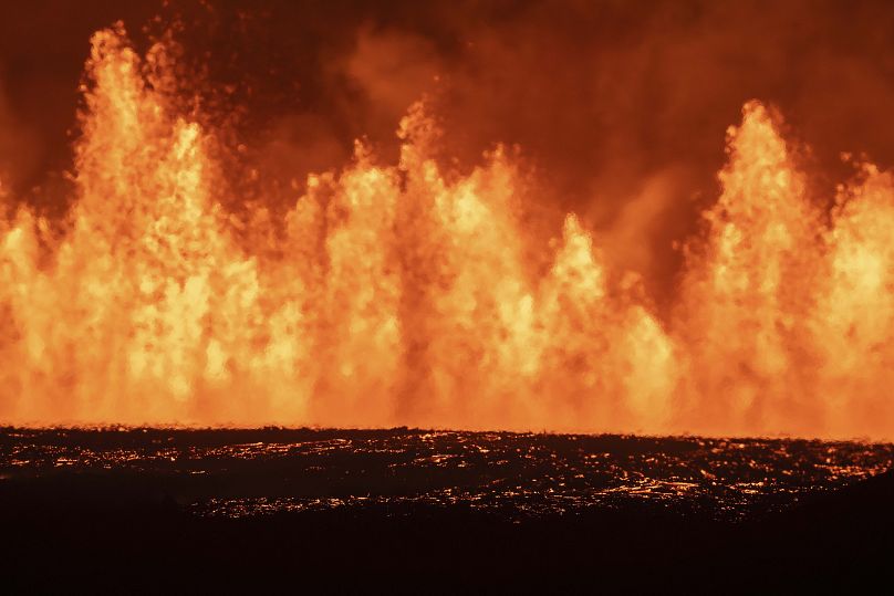 View of the lava fountains pouring out from the new eruptive fissure opened at Svartsengi volcanic system, August 22, 2024